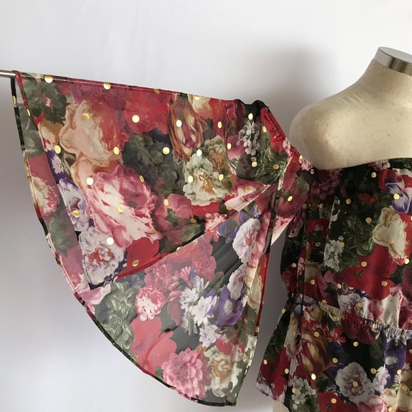 Express Tops - Express Dark Floral Off Shoulder Gold Foil Dot Cinched Cape Bell Sleeve Blouse